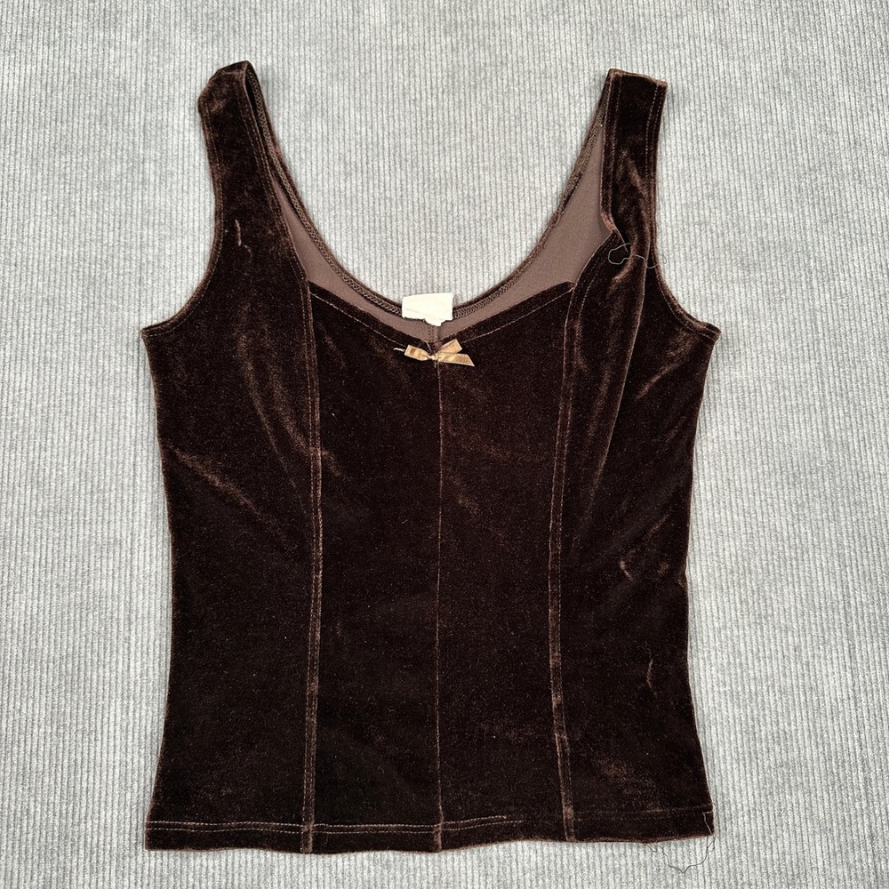Vintage Diamond's USA Chocolate Brown Velvet Bow Y2K Tank Top Corset Style Seams